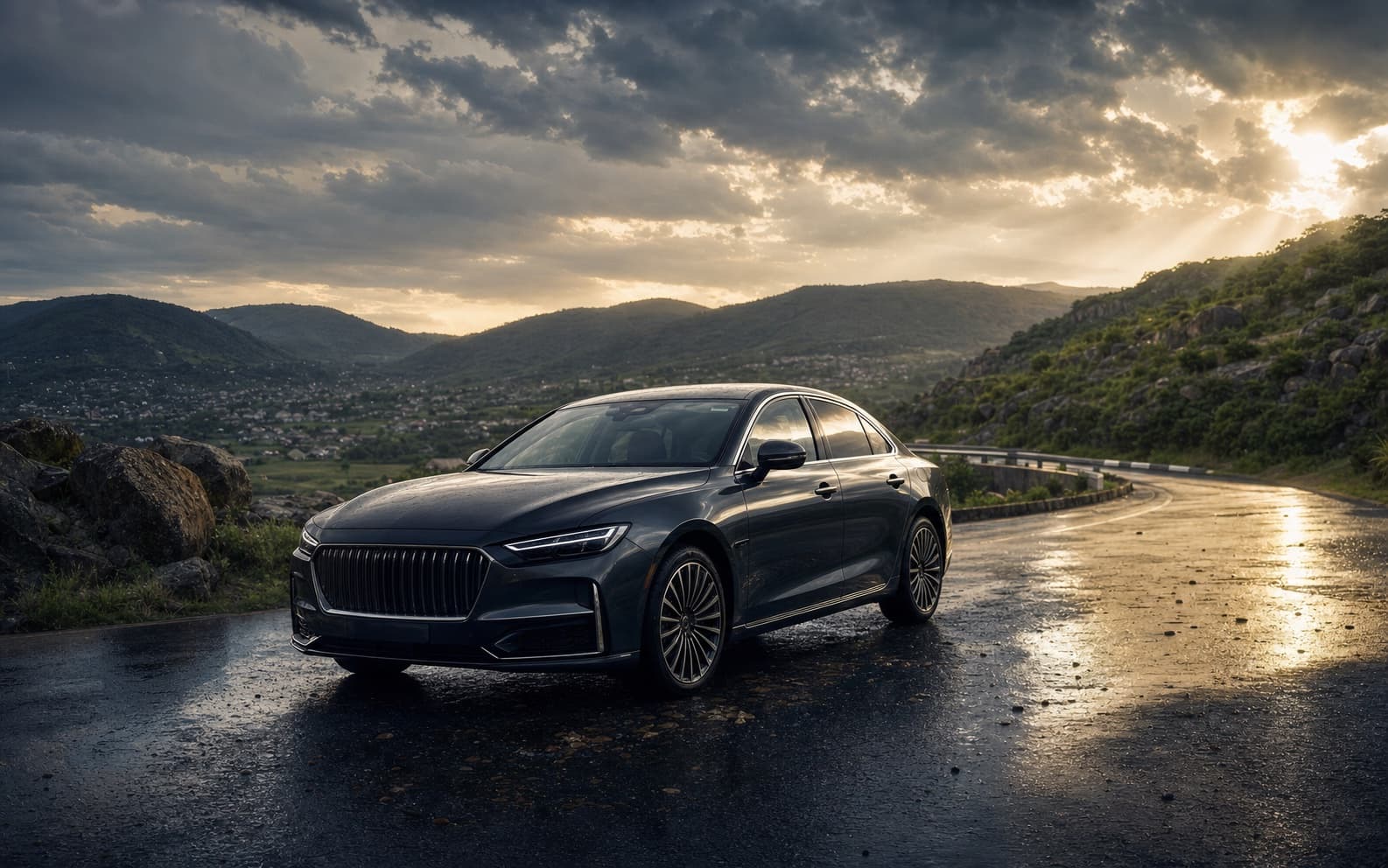 A dark executive car on a rain-washed highland road