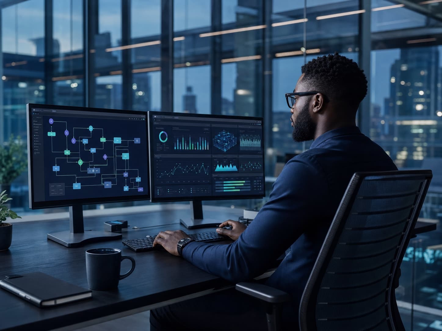 A systems engineer reviewing connected operational workflows